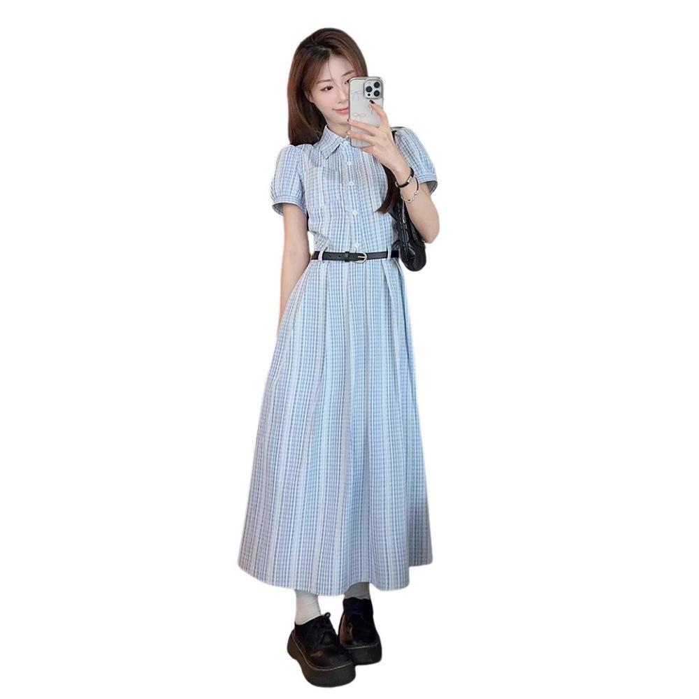 (original practice + belt) French temperament blue feeling super good-looking and thin summer new shirt skirt