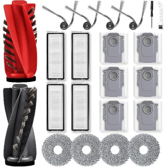 21 Pack Replacement Parts for Roborock Qrevo Curv/Qrevo Edge Robot Vacuum, 1 Roller Brush, 6 Vacuum Bags, 4 HEPA Filters, 4 Mop Pads, 4 Side Brush, 1
