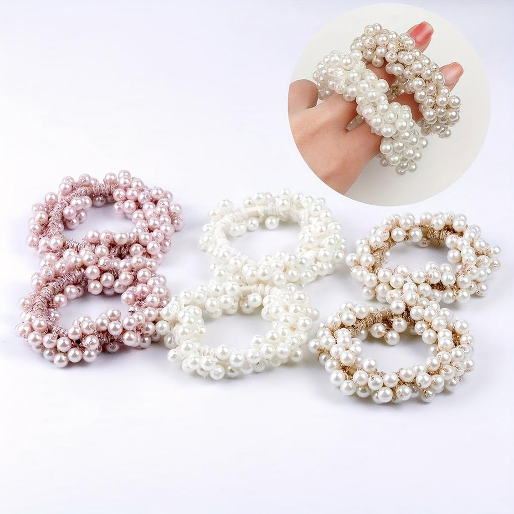 3 Stück Kunstperlen Haargummis • Elastische Scrunchies Dehnbare Bänder • Perlenketten Haaraccessoires für Damen • Pferdeschwanz Dickes Haar • Weiß&Gold&Rosa