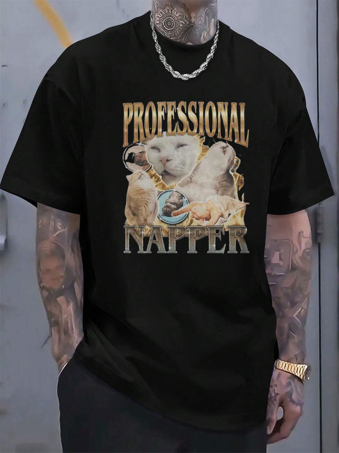 Funny Cat Meme T-Shirt Compatible for Men & Women - Professional Napper Graphic XL