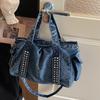Vintage Denim Shoulder Bag Large Capacity Multi-pocket Travel Storage Tote Women Wide Shoulder Strap Rivet Design Crossbody Bag