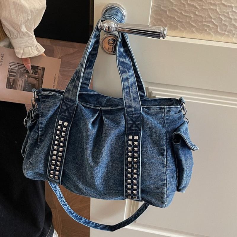 Vintage Denim Shoulder Bag Large Capacity Multi-pocket Travel Storage Tote Women Wide Shoulder Strap Rivet Design Crossbody Bag