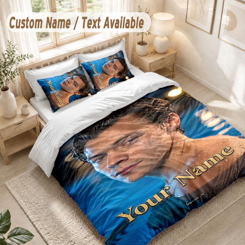 Custom Name Bedding Set 3 PiecesHarry Styles Print Duvet Cover + 2 Pillowcases Soft Bed Decor