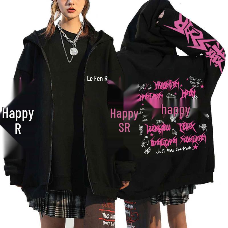 Stray Kids K-Pop Star Harajuku Print Loose Zipper Hoodie
