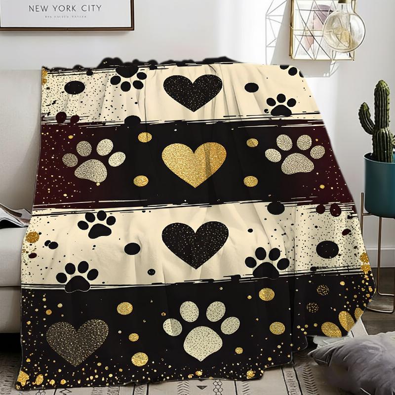 Black Gold Heart Dot Paw Stripe Throw Blanket Guest Quarters Patio Blanket Sunroom Nook Living Room Lounge Bedroom Den gift