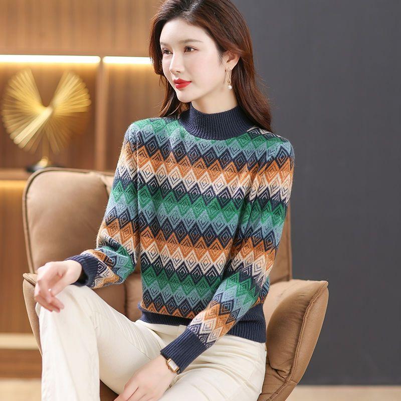 New Autumn Winter Fashion Rainbow Diamond Lattice Age-reducing Fashionable Thick Pullover Loose Half Turtleneck Knitted Sweater