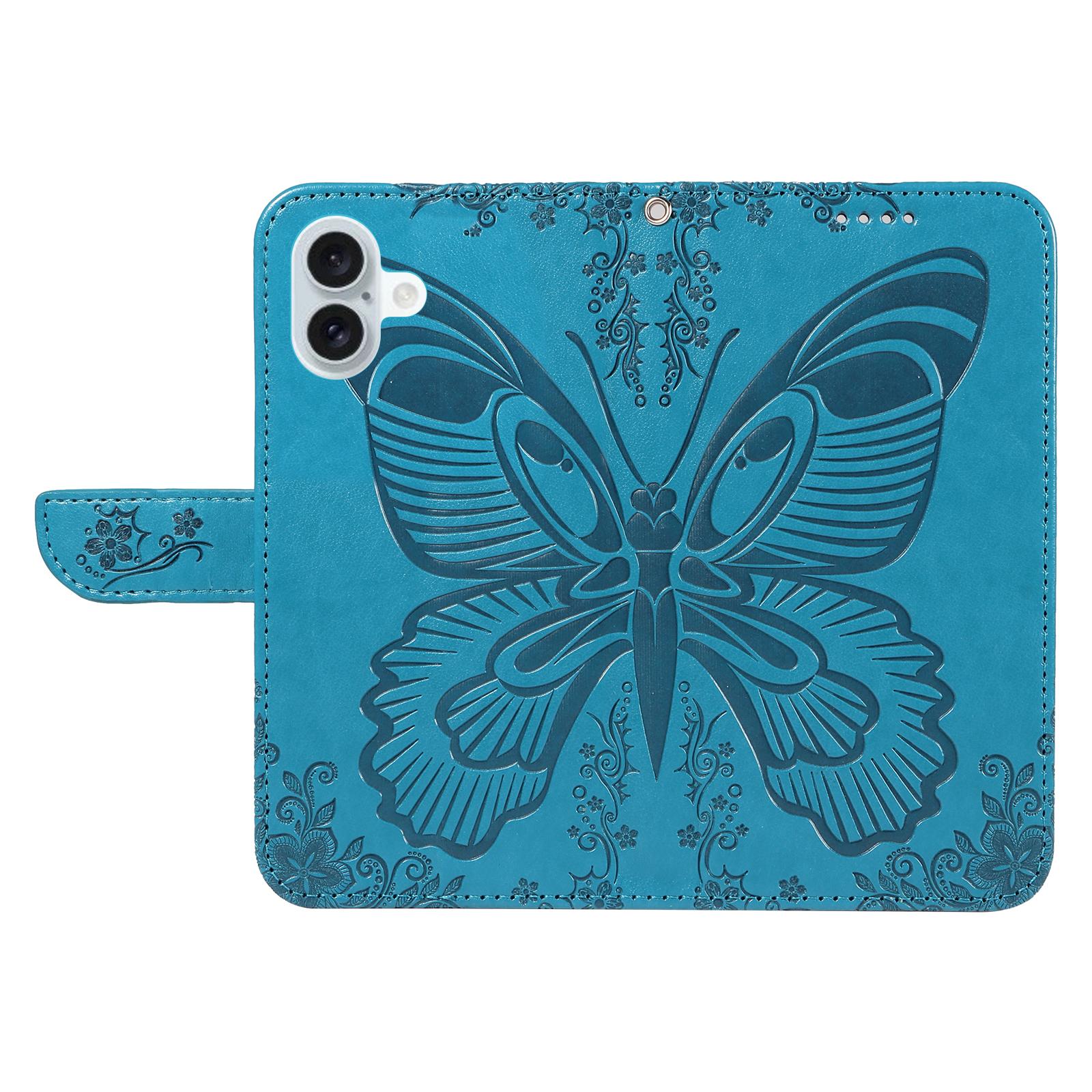 

For iPhone 16 Plus Leather Case Butterfly Pattern Wallet Card Slots Phone Cover Blue