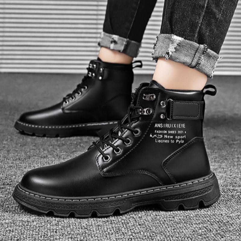Fashion Spring Men Leather Boots Fashion Motorcycle High Top Platform Ankle Boots Outdoor Waterproof Non Slip Casual Shoe Bota Masculina