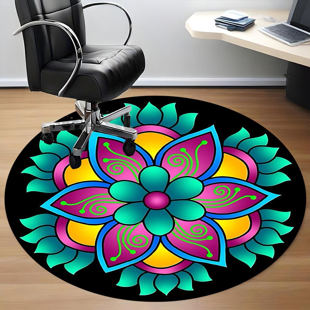 1pc Colorful Flower Mandala Chair Carpet for Office, Round Polyester Mat, Indoor Decor for Office, Easycare Fabric, Washable Non-slip Area Carpet
