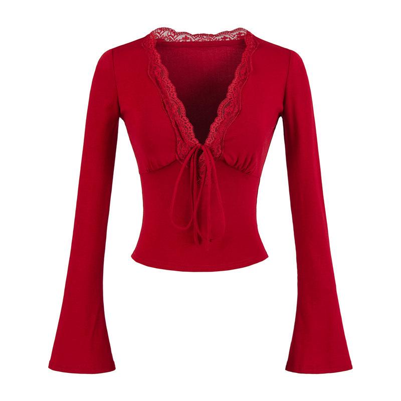 Women's Long Sleeve Lace Trim V-Neck Bell Sleeve Slim Fit Top for Autumn/Winter