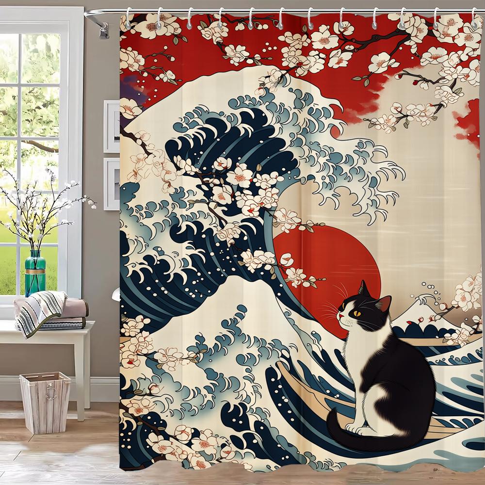 Wave Sunrise Cat Print Waterproof Shower Curtain Partition Privacy Hanging Curtain With 12 Hooks Multiple Sizes Machine Washable