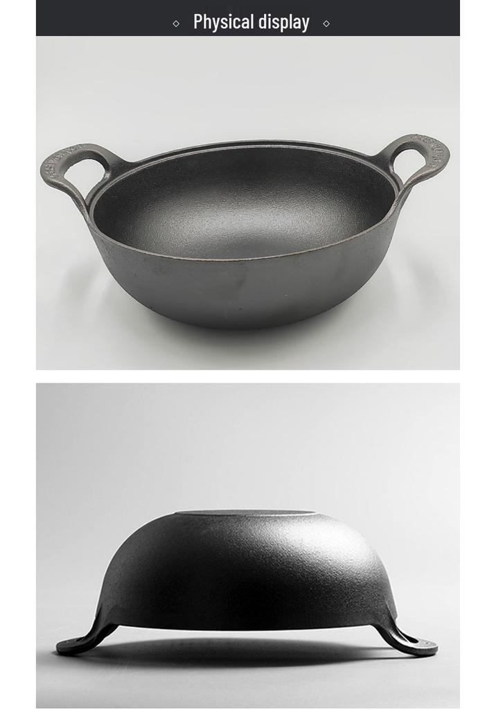 Cast Iron Double Ear Stew & Fry Pan, Non-stick Flat Bottom, Universal for Gas & Induction Cooktops, Large Size.
