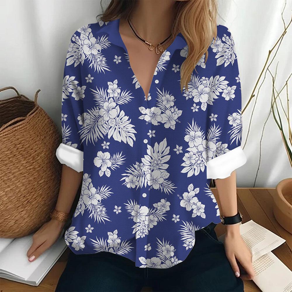 Women's Fashion Shirt Bottom Casual T-shirt Loose Lapel Top Long Sleeved Button Printed Clothing Party Elegant Women's Shirt