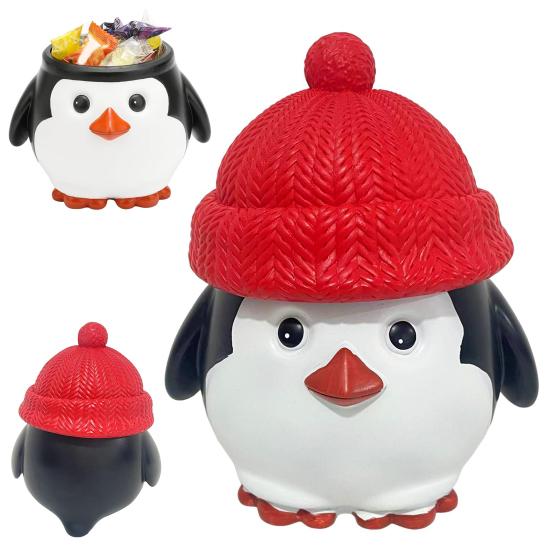 Christmas Penguin Candy Storage Box Red Hat Penguin Chocolate Goodies Snack Container Figurine Statue Resin Ornament