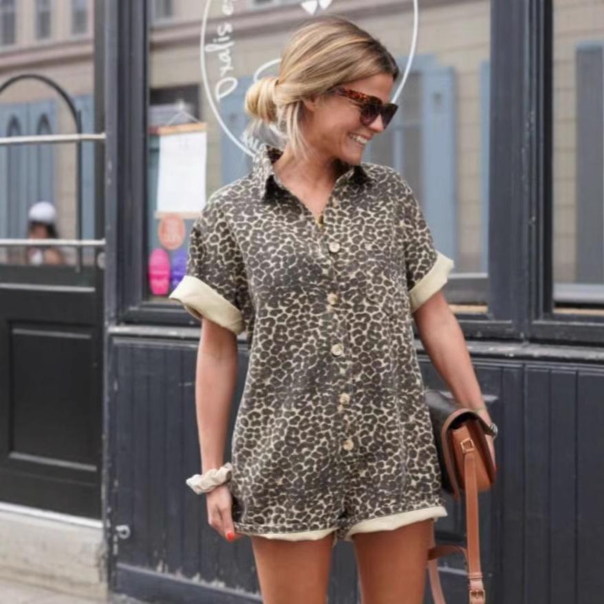 Women's Printed Lapel Summer Shirt & Shorts Set