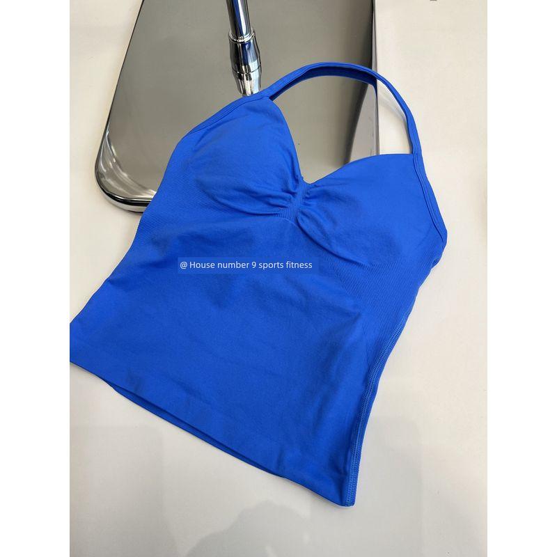 Df Thin-Strap Running Ruched Halter Fitness Bra with Chest Pads, Shaping, Shockproof, Beautiful Back Sports Yoga Tank Top for Women