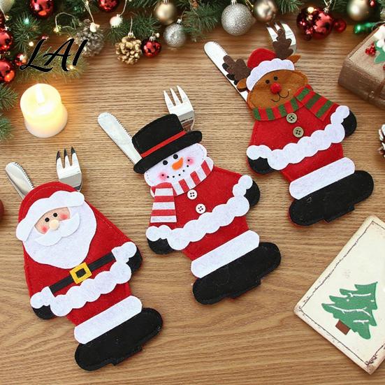 Soft Polyester Utensil Pockets Christmas Cutlery Snowman Reindeer Santa Holder Pockets Tableware Bags Pouch Party
