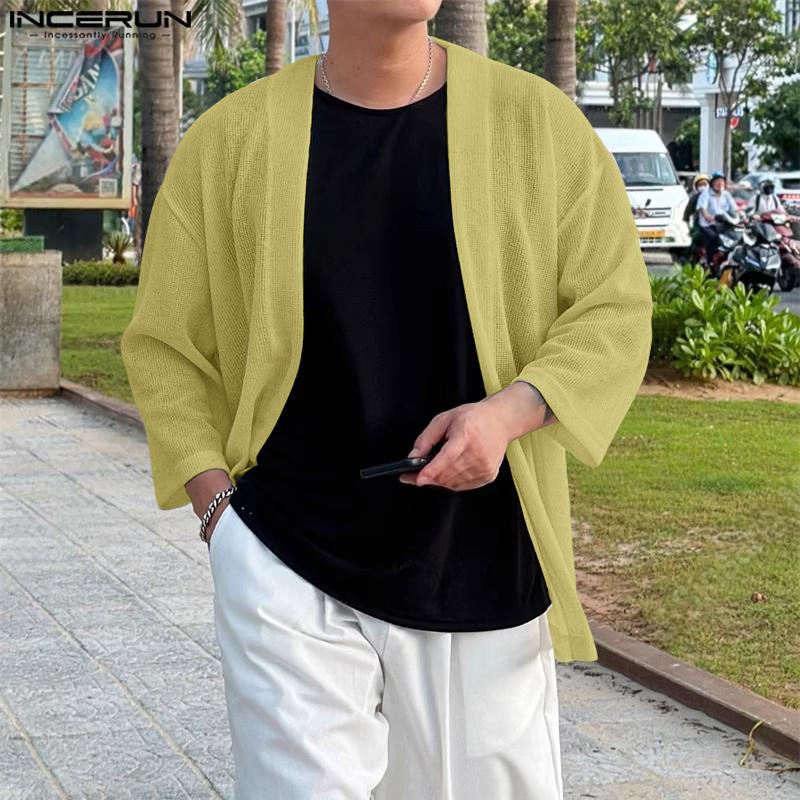 INCERUN Oversized Men Batwing Sleeve Open Front Texture Casual Kimono Cardigan Tops