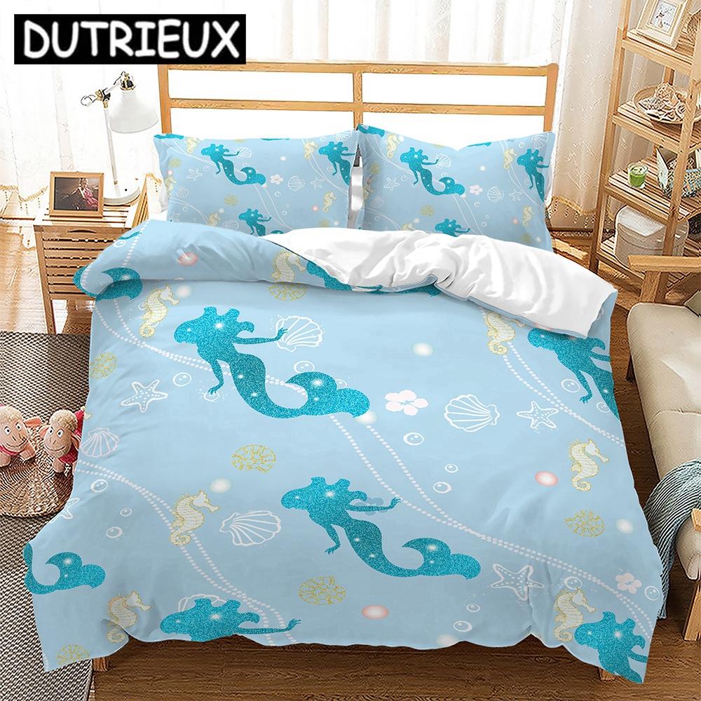 Single/Twin/Double/Queen/King Size 3D Mermaid - Themed Bedding Set with Duvet Cover and Pillowcases for Girl Kids
