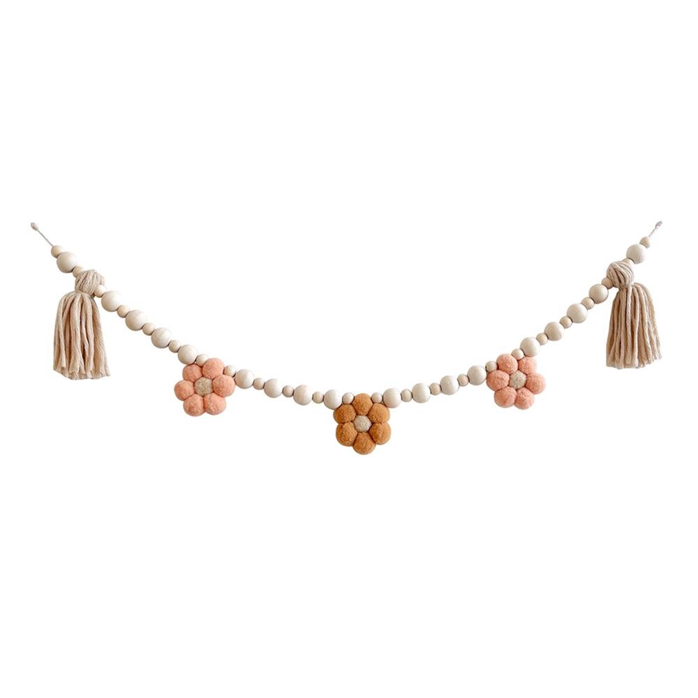 INS Hanging Wooden Beads Garland Boho Felt Daisy Tassel Wall Decoration Boho Baby Kids Room Decor Hanging Pendant Photo Props