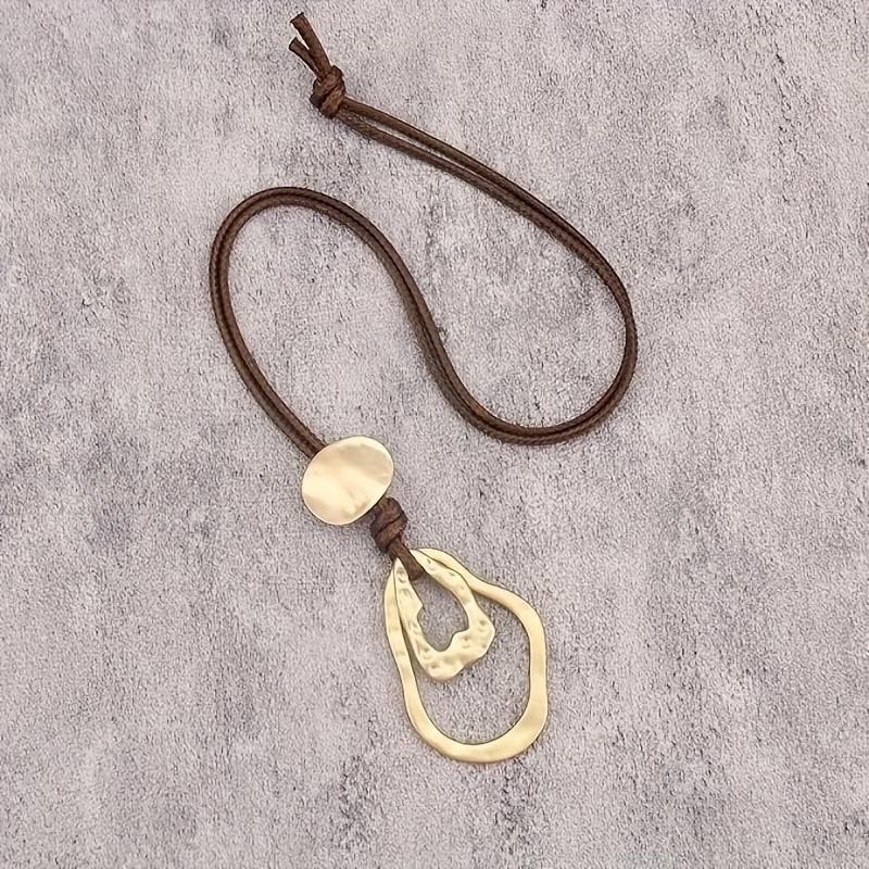 Boho Brown Leather Geometric Irregular Round Hollow Long Pendant Necklace for Women Long Choker Jewelry Gifts