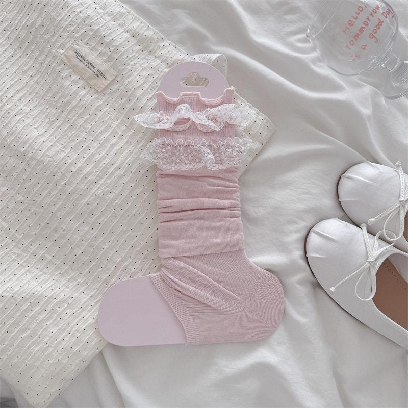 Spring And Summer White Lace Stepping Socks Women'S Thin Splicing Stacking Socks Japanese Ballet Style Korean Calf Socks