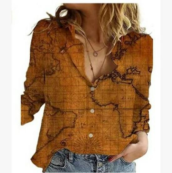 2021 European & American Map Print Long Sleeve Women's Shirt