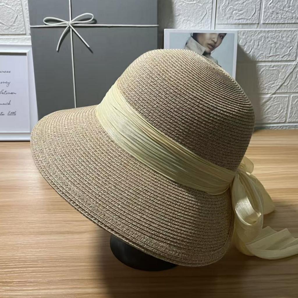 New beach hat women's vacation sunscreen straw hat summer shading big eaves foldable seaside bow straw hat