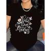 European Size Women'S Black and White Short Sleeve T-Shirt | "Hola y Me Llamo de Maravilla" Floral Print with Crown and Butterfly Design