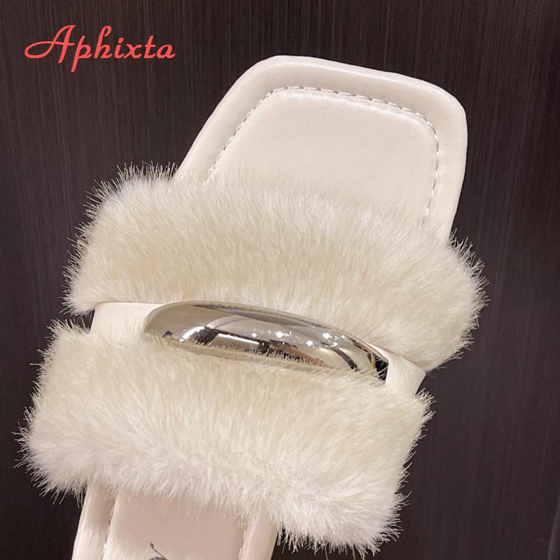 Fashion Aphixta Flat With Furry Women Slippers Outside Modern Slides Shoes Metal Dec Soft White Fur Slippers Fashion Woman Shoes