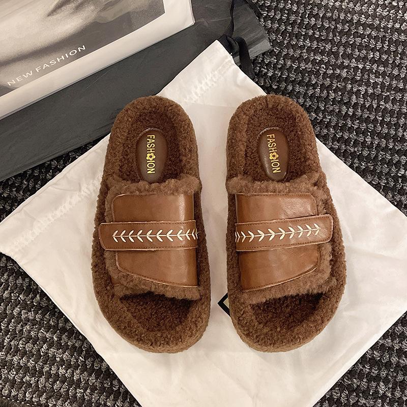 

Wear premium French Boken Velcro casual wool mop 2025 autumn and winter new lamb wool one-word cotton mop 40 коричневый