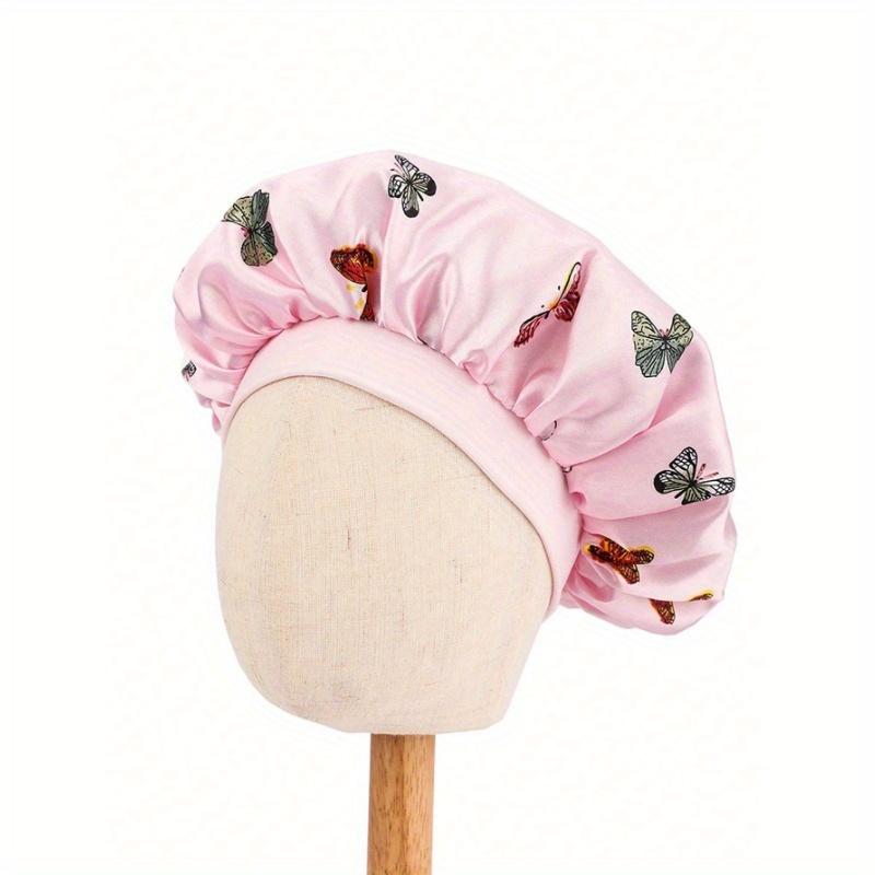1pc Elastic Wide Brim Satin Sleeping Cap With Butterfly Print, For Beauty Hair Care, Bonnet, Shower Cap, Hair Products For Barber Salon