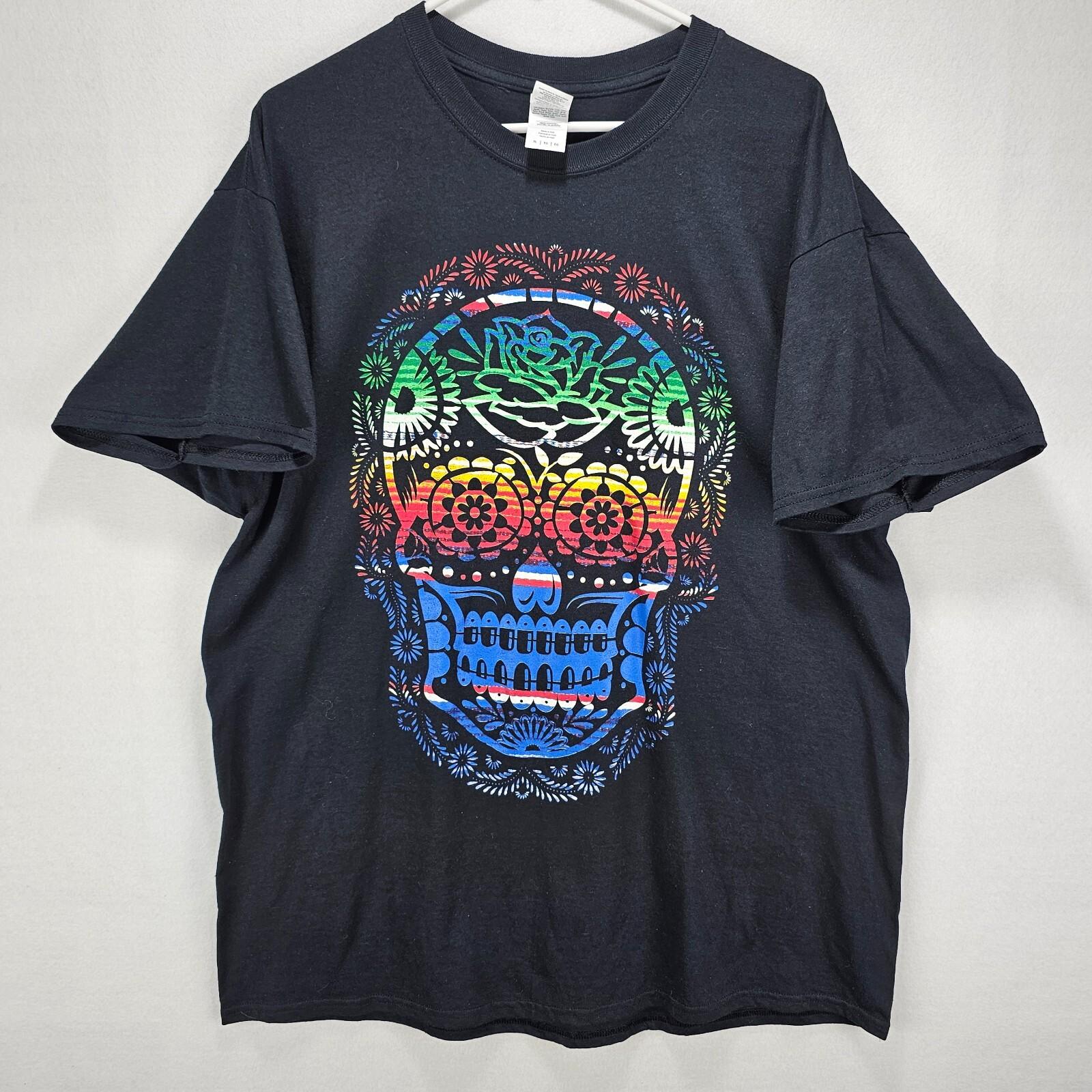 Gildan Sugar Skull Calavera Rainbow Color Graphic on Black T-Shirt XL S