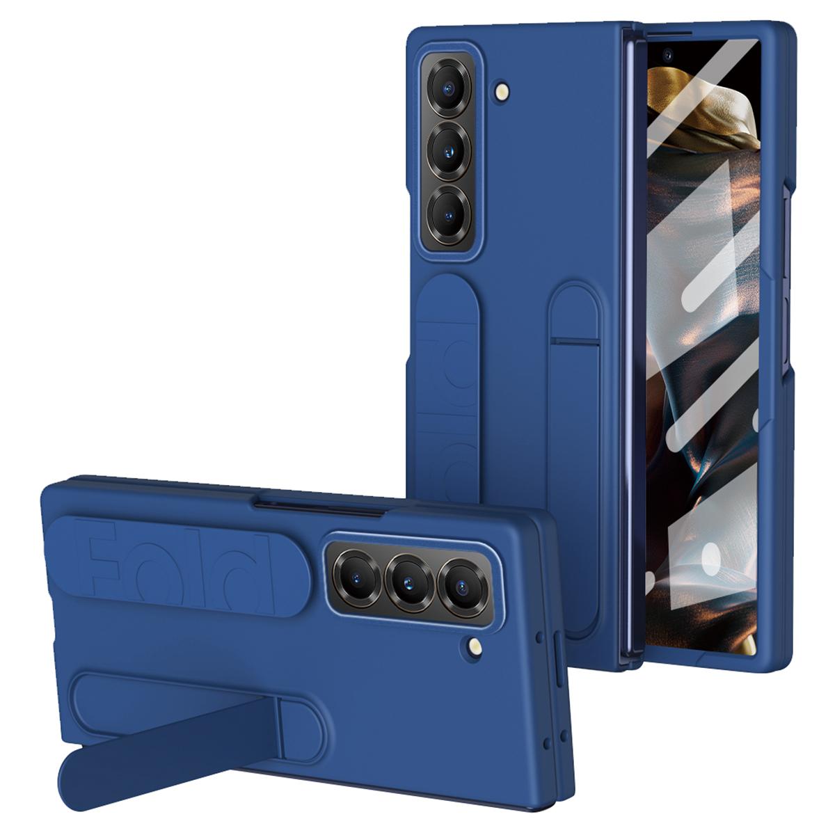 

Чехол-подставка с ремешком на запястье для Samsung Galaxy Z Fold Special/Z Fold 6 Slim/W25 PC Силиконовый чехол для мобильного телефона с пленкой из закаленного стекла Blue