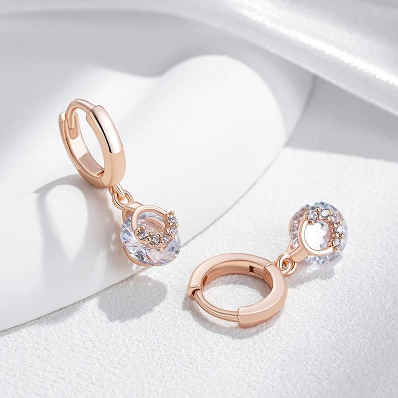 Women Golden Hoop Earrings Match White Zircon Round Pendant Girls Sparkling Accessories Party Fashion Jewelry