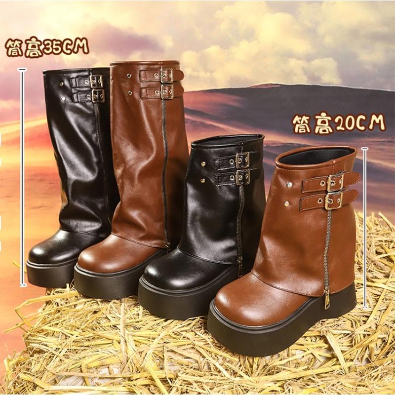 Mode Retro Bred Skaft Stövel Dam Långa Stövlar Tjock Sula Höjdhöjande Riddarstövel PU Material Maillardstil Svart Damsko