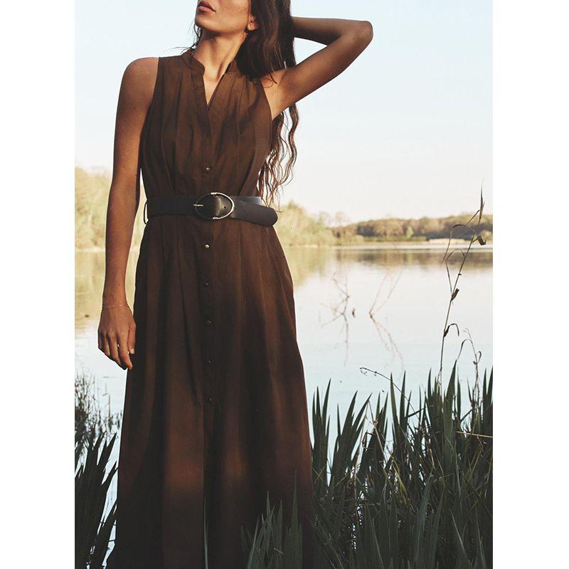 Spring and Summer New Women's Clothing Single-Breasted Pleated Decoration with Belt V Neck Sleeveless Midi Skirt Dress 5029101