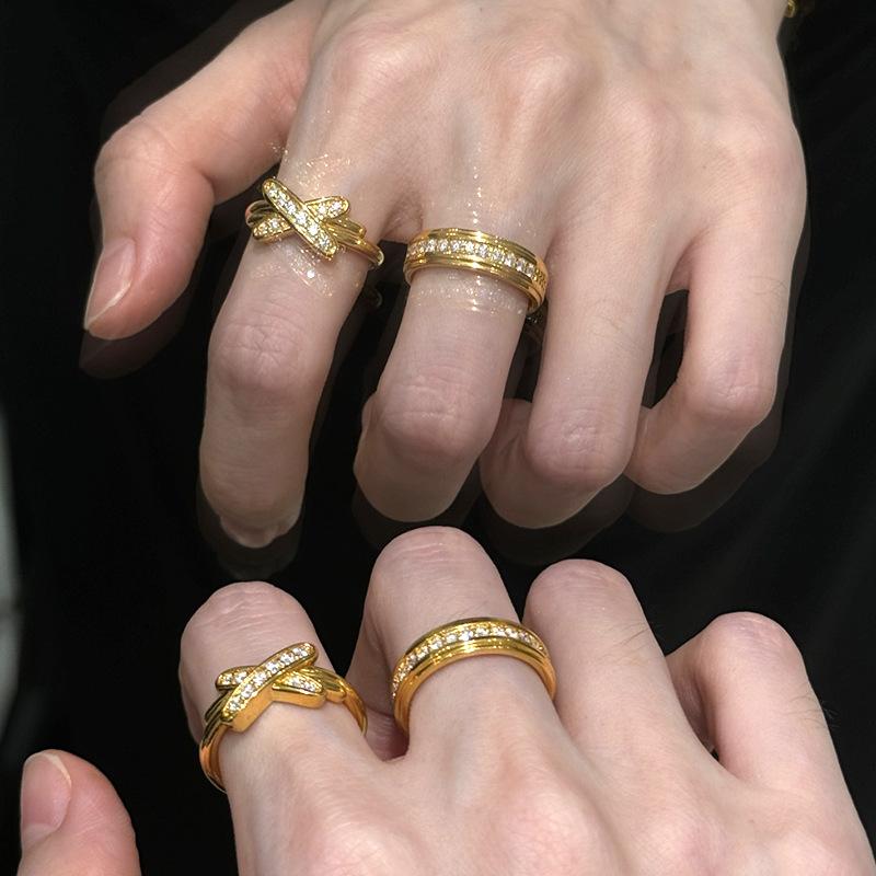 Couple Stacked Style Trendy Diamond Inlaid Ring Light Luxury Fashion X-shaped Rings for Women Adjustable Banquet  Gifts