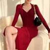 Elegantní Office Lady Bodycon Pletené šaty Ženy Sexy vlnité Společenské šaty s výstřihem do V Podzim Zima Slim Fit Šaty pod kolena s dlouhým rukávem