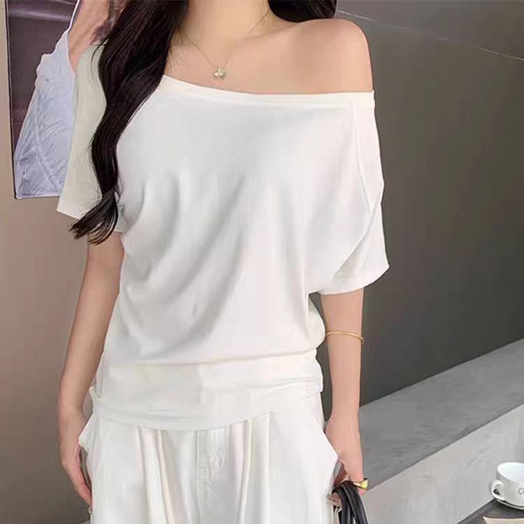 Korean slanted shoulder slack off-shoulder short-sleeved t-shirt women's summer loose lazy babes student bottoming top