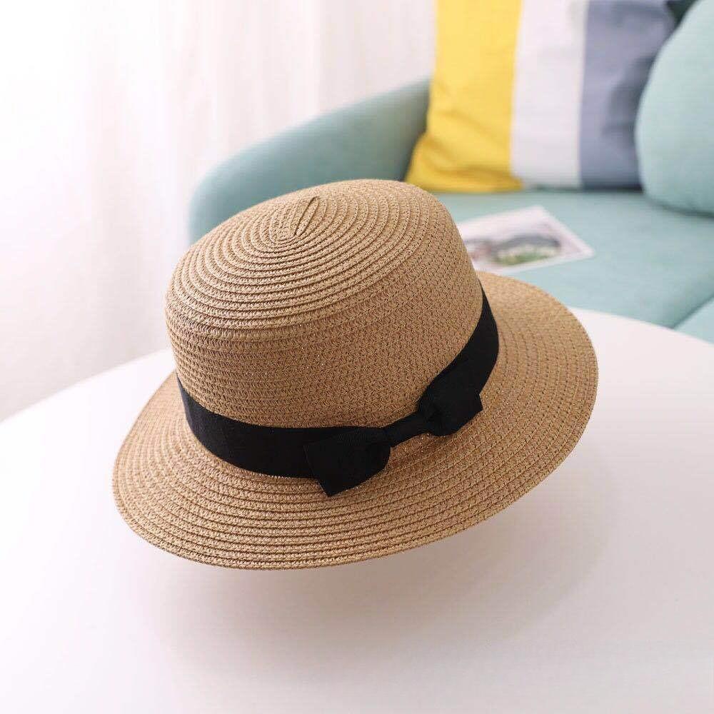 1pc Panama Hat Simple boater Summer Beach Hat Female Casual Lady Women Flat Brim Bowknot Straw Cap Girls Sun Hat Chapeu Feminino