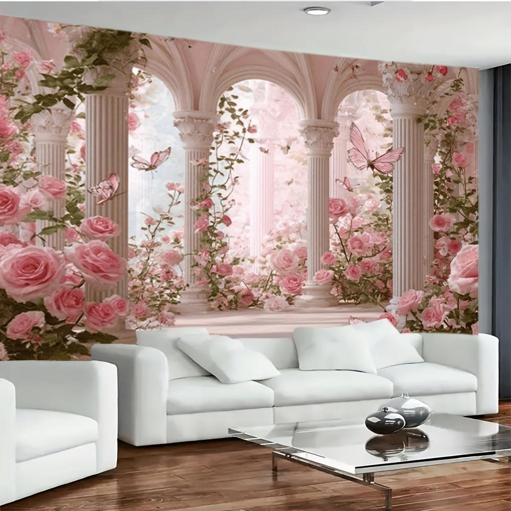 1Pcs Pink Roses White Columns Butterflies Arch Decoration Background Garden Backdrop Decorations For Photo Studio Booth Party