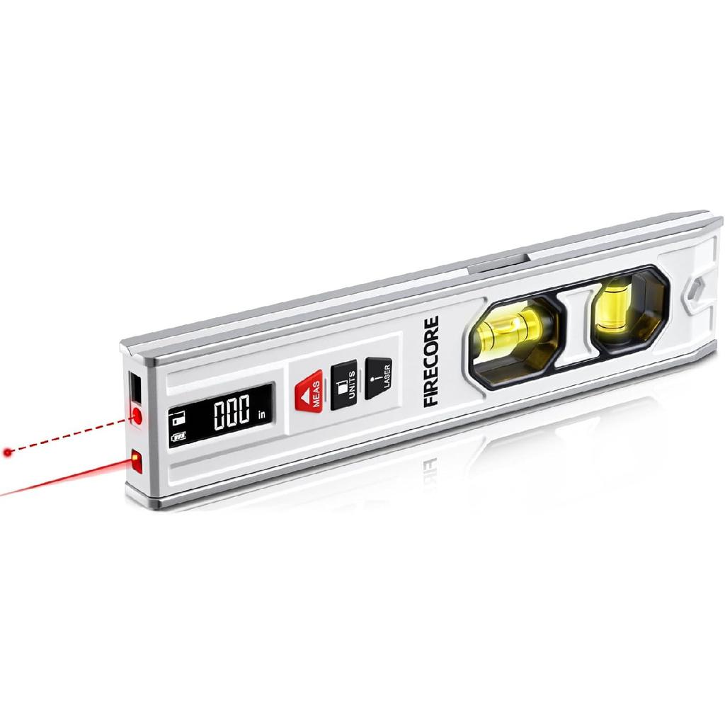 3-In-1 Spirit Level with 65ft Laser Distance Measure & 32ft Leveling Line, Firecore 9 Inch Torpedo Level Magnetic with Light, Rechargeable Small