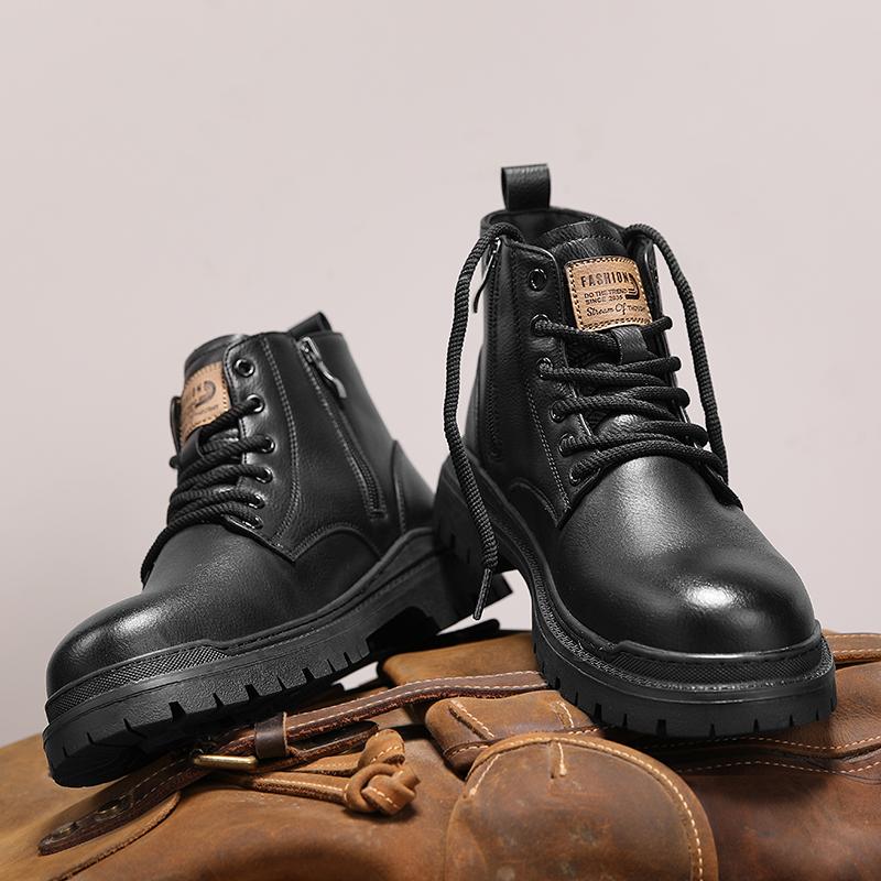 Fashion Casual Leathe Men's Motorcycle Boots Autumn Winter High Top Shoes Business British Ankle Boots Warm Plush Fur Basic Boot