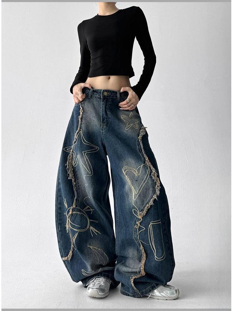 Autumn 2025 Curved Knife Hip Hop Wide-Leg Jeans for Women