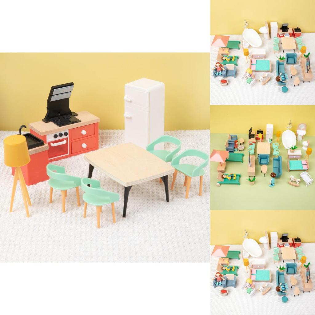 Conjunto de Mobiliário para Casa de Brinquedo Infantil com Miniaturas de Madeira para Brincadeira de Role Imaginativa