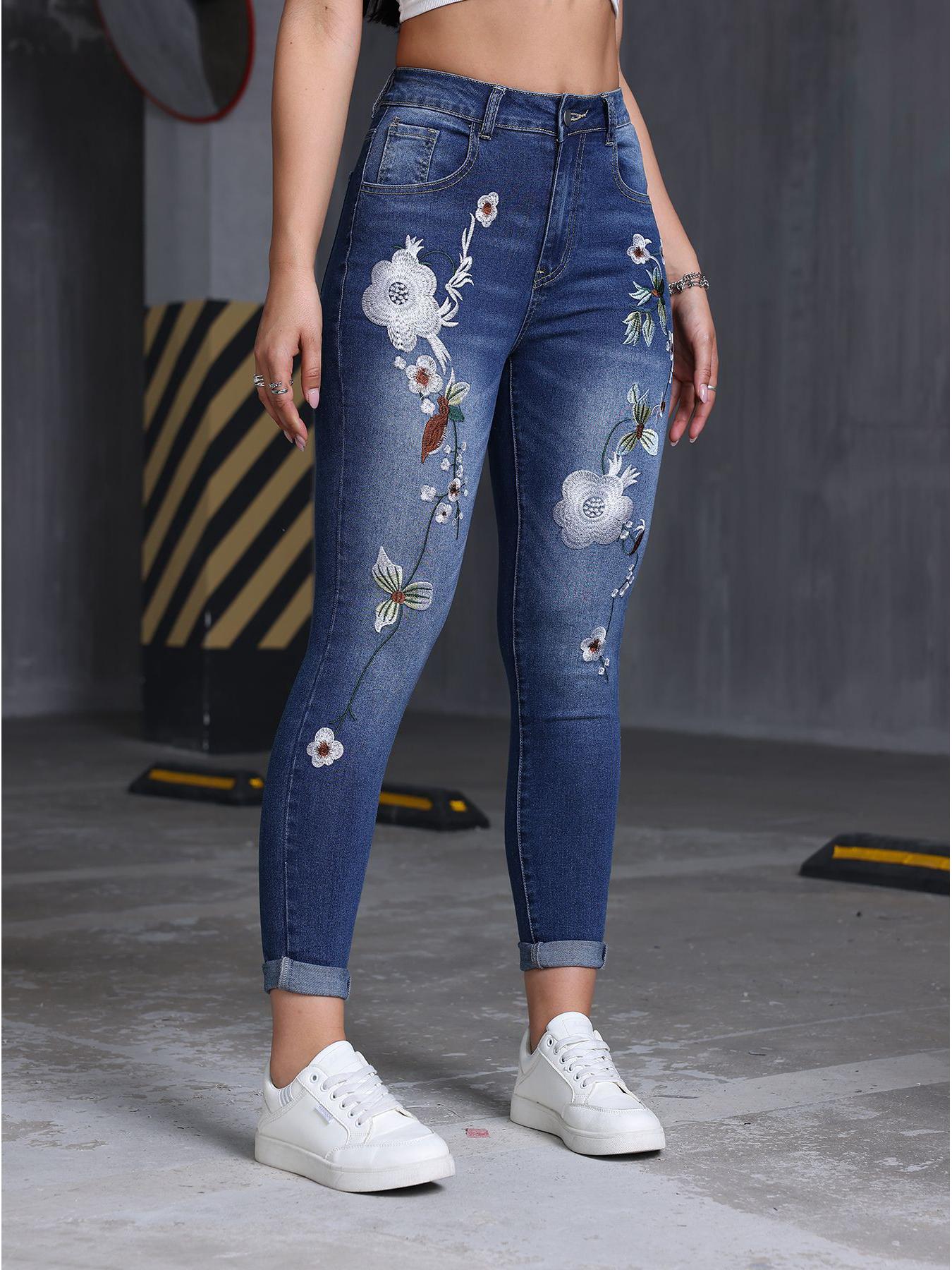 

European Floral Embroidered Slim Elastic Women s Jeans M синій