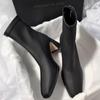 French square head soft leather versatile short boots women's autumn and winter new thick heel elastic thin boots temperament high heels