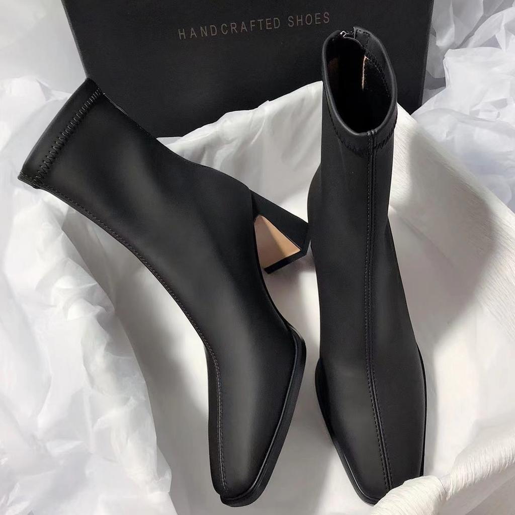 French square head soft leather versatile short boots women's autumn and winter new thick heel elastic thin boots temperament high heels