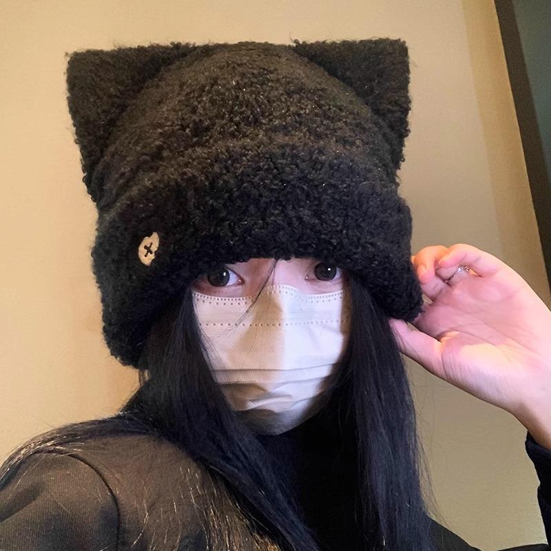 Plush Cat Ear Woolen Hat for Women In Autumn and Winter Small Face  Warm  Korean Style Knitted Hat  Cute  Versatile  Ear Protection Cold Hat Trendy